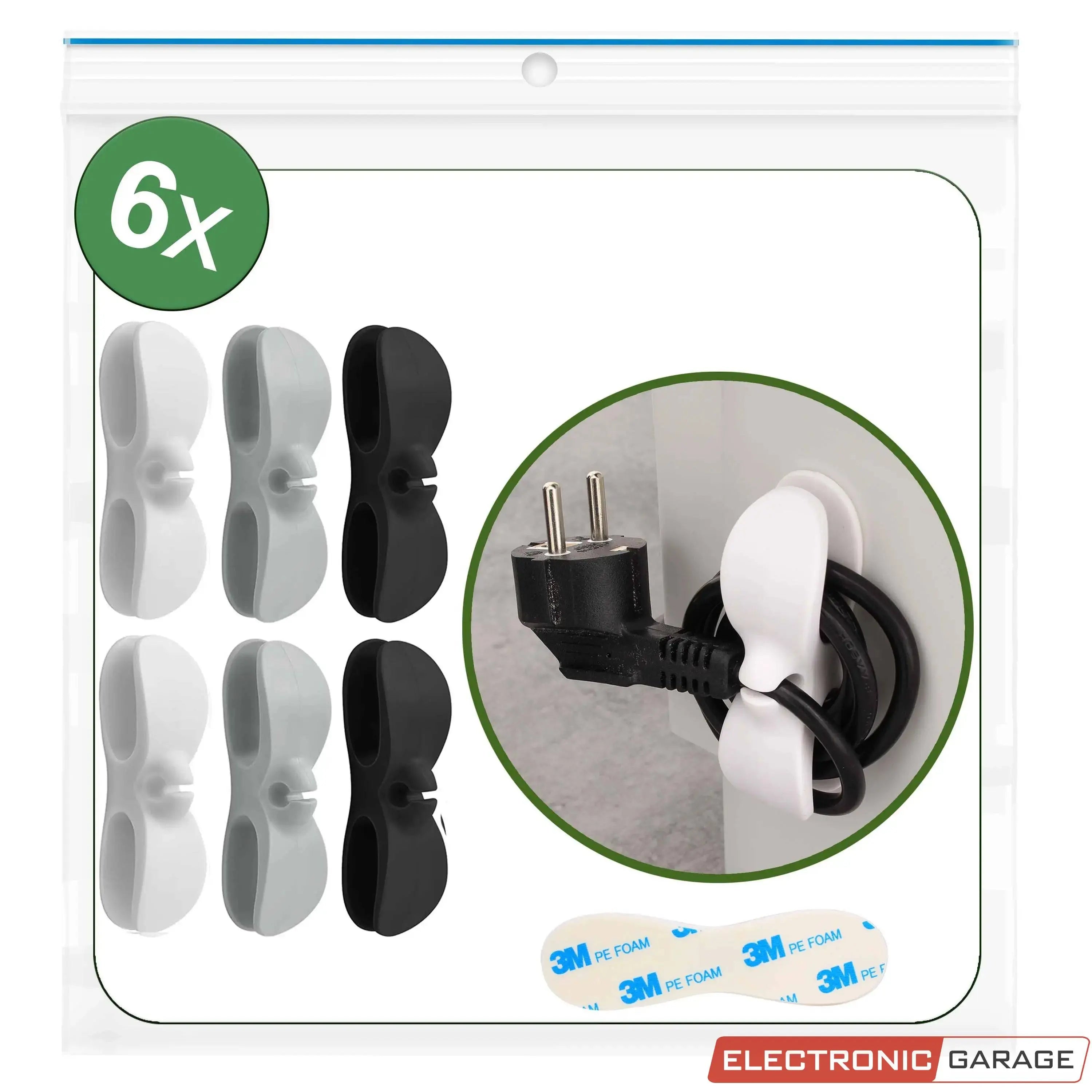Kabelaufwickler Set | Farben: Schwarz, Grau, Weiß | Selbstklebend | Mit Klemmhalterung | 6 St - Electronic Garage