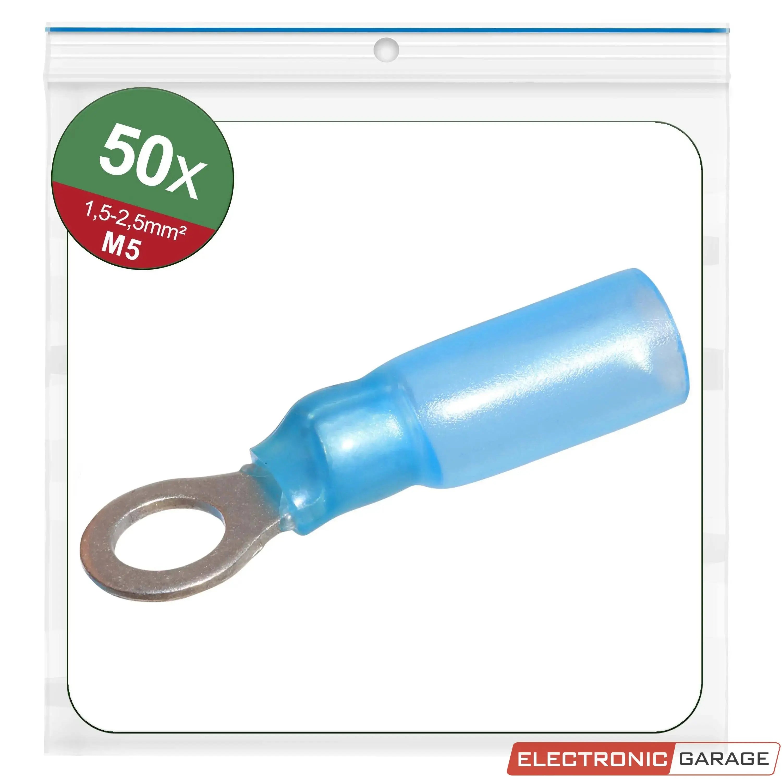Ringkabelschuhe mit Schrumpfschlauch-Isolierung | Farbe: Blau | Gewindemaß: M5 | Querschnitt: 1,5 - 2,5 mm²| 50 St. - Electronic Garage