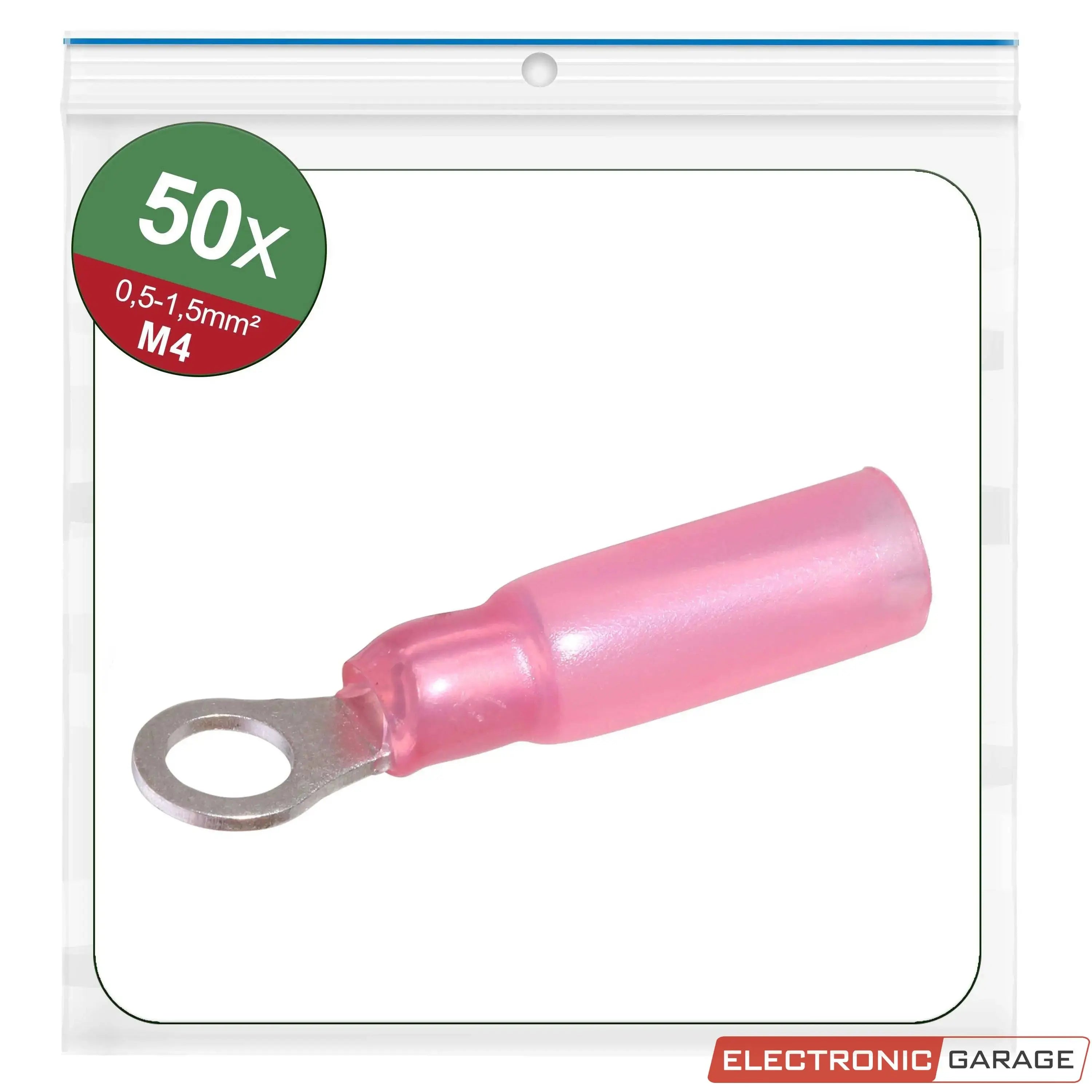 Ringkabelschuhe mit Schrumpfschlauch-Isolierung | Farbe: Rot | Gewindemaß: M4 | Querschnitt: 0,5 - 1,5 mm²| 50 St. - Electronic Garage