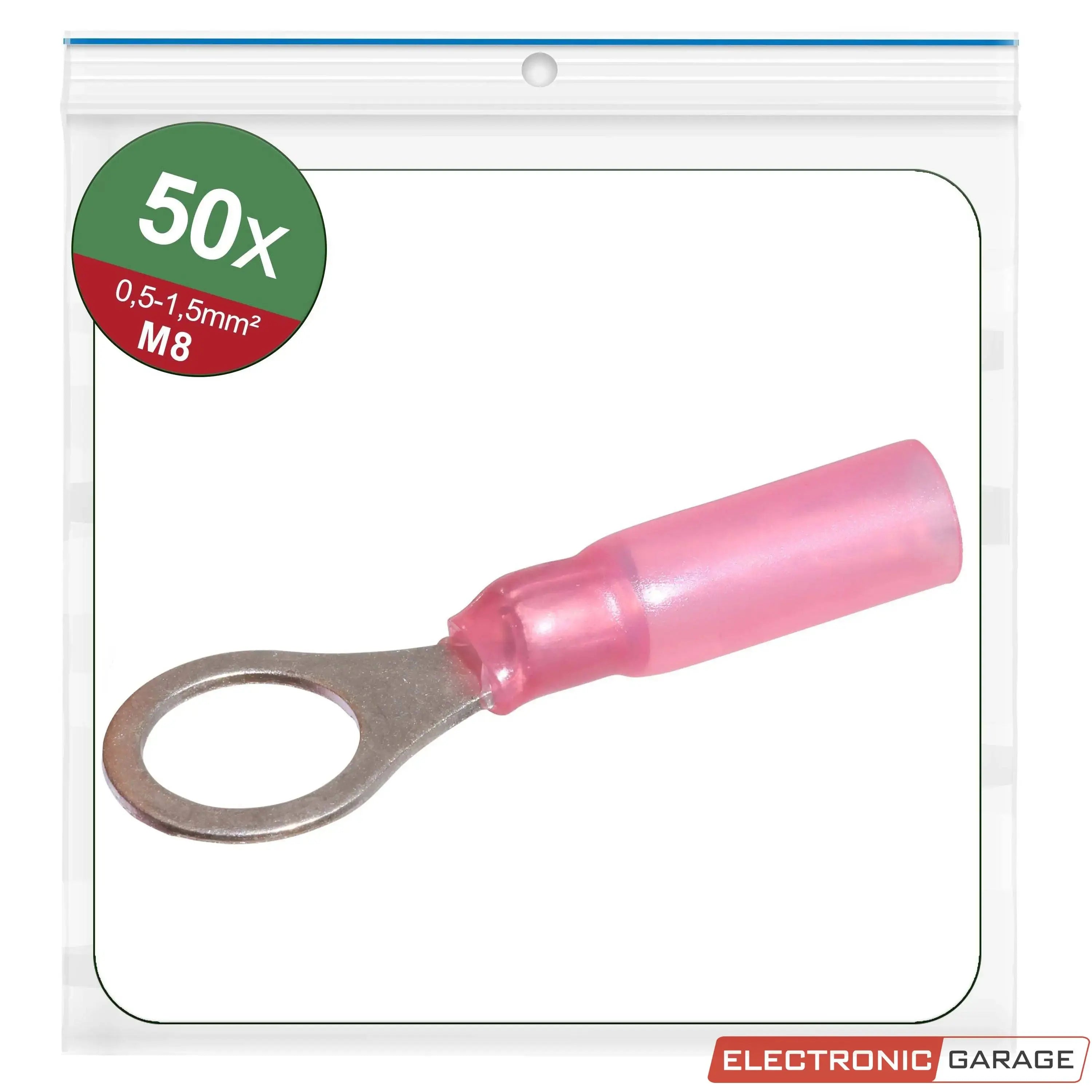Ringkabelschuhe mit Schrumpfschlauch-Isolierung | Farbe: Rot | Gewindemaß: M8 | Querschnitt: 0,5 - 1,5 mm²| 50 St. - Electronic Garage