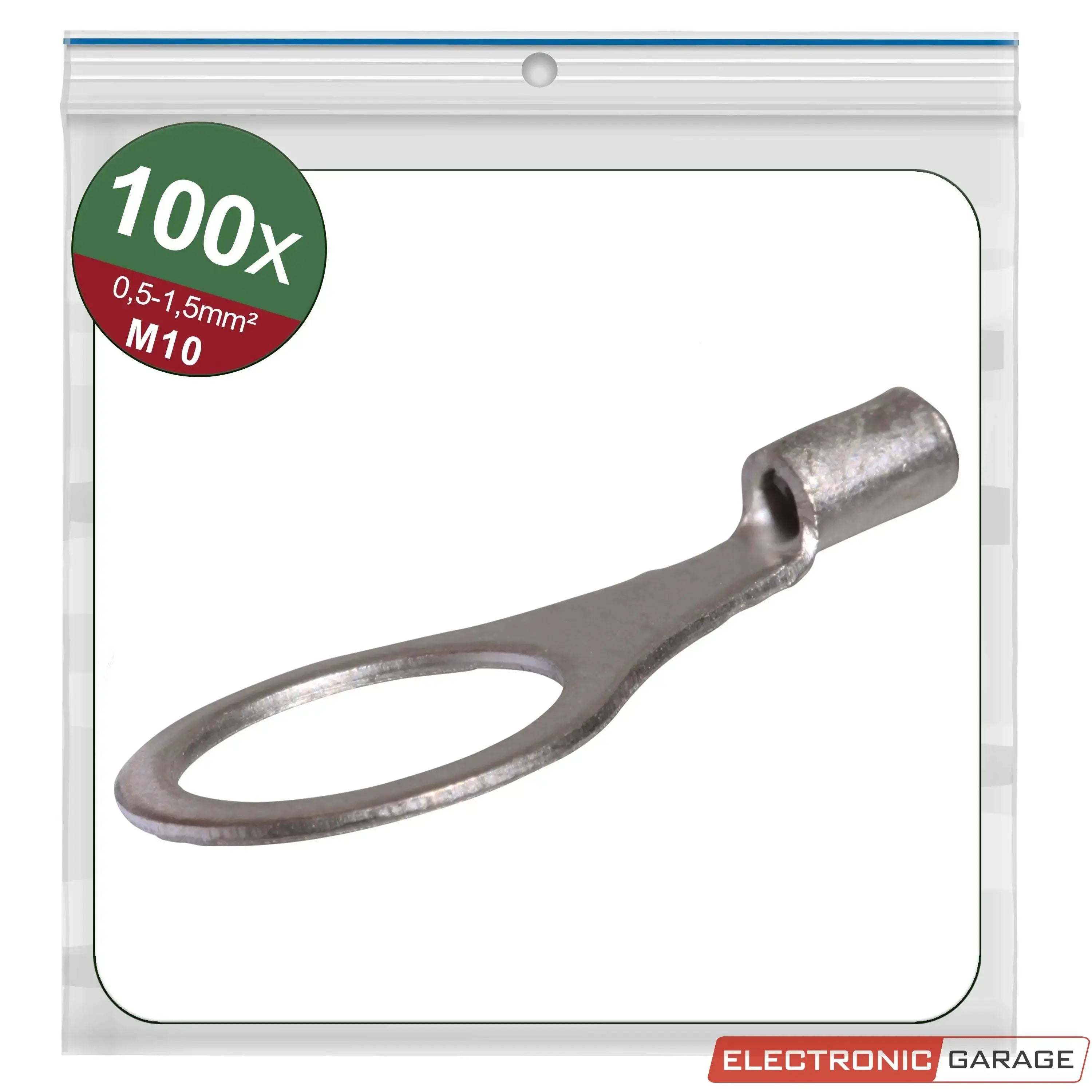 Ringkabelschuhe, unisoliert | Gewindemaß: M10 | Loch-Ø: 10,5 mm | Kabelquerschnitt: 0,5 - 1,5 mm² | 100 St. - Electronic Garage