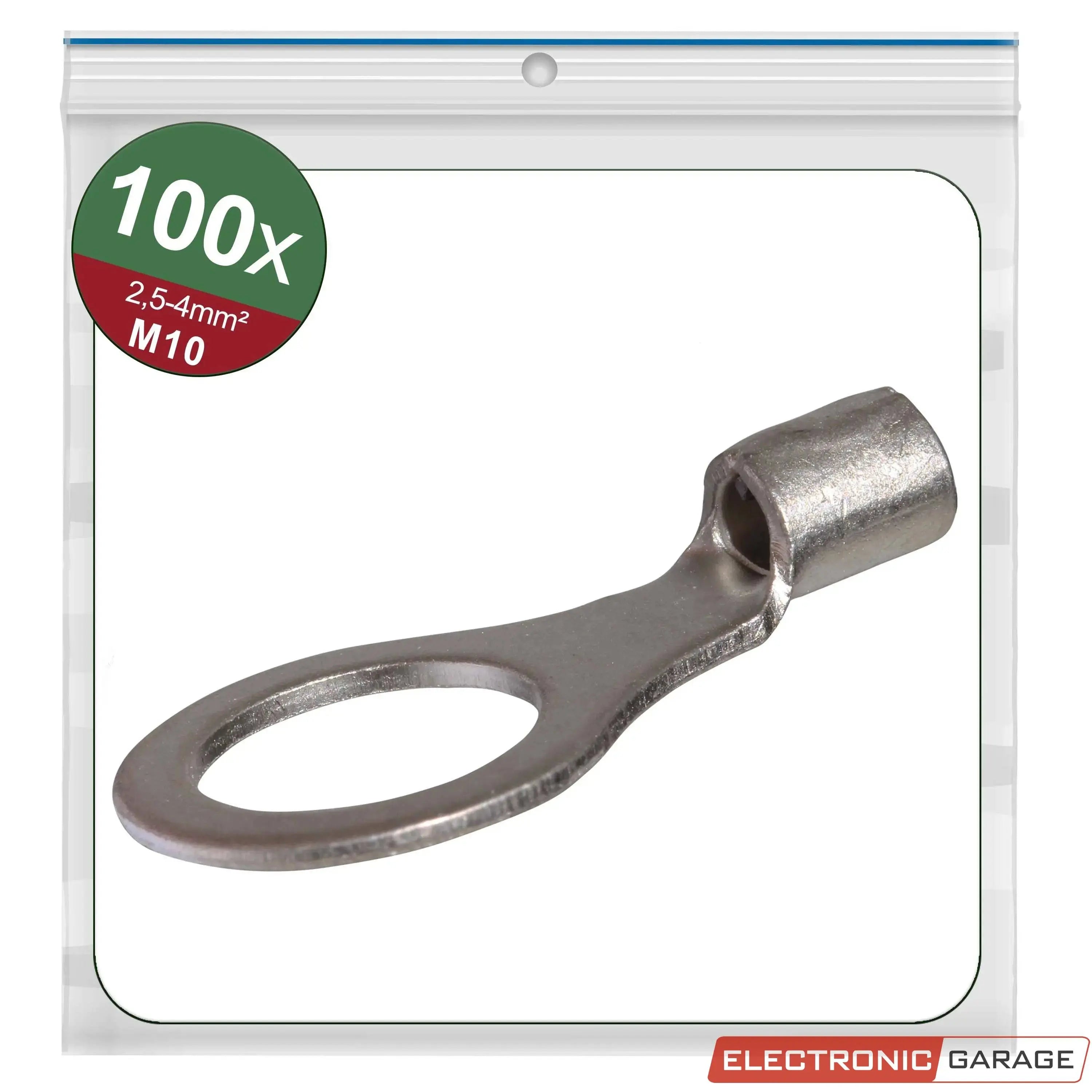 Ringkabelschuhe, unisoliert | Gewindemaß: M10 | Loch-Ø: 10,5 mm | Kabelquerschnitt: 2,5 - 4 mm² | 100 St. - Electronic Garage