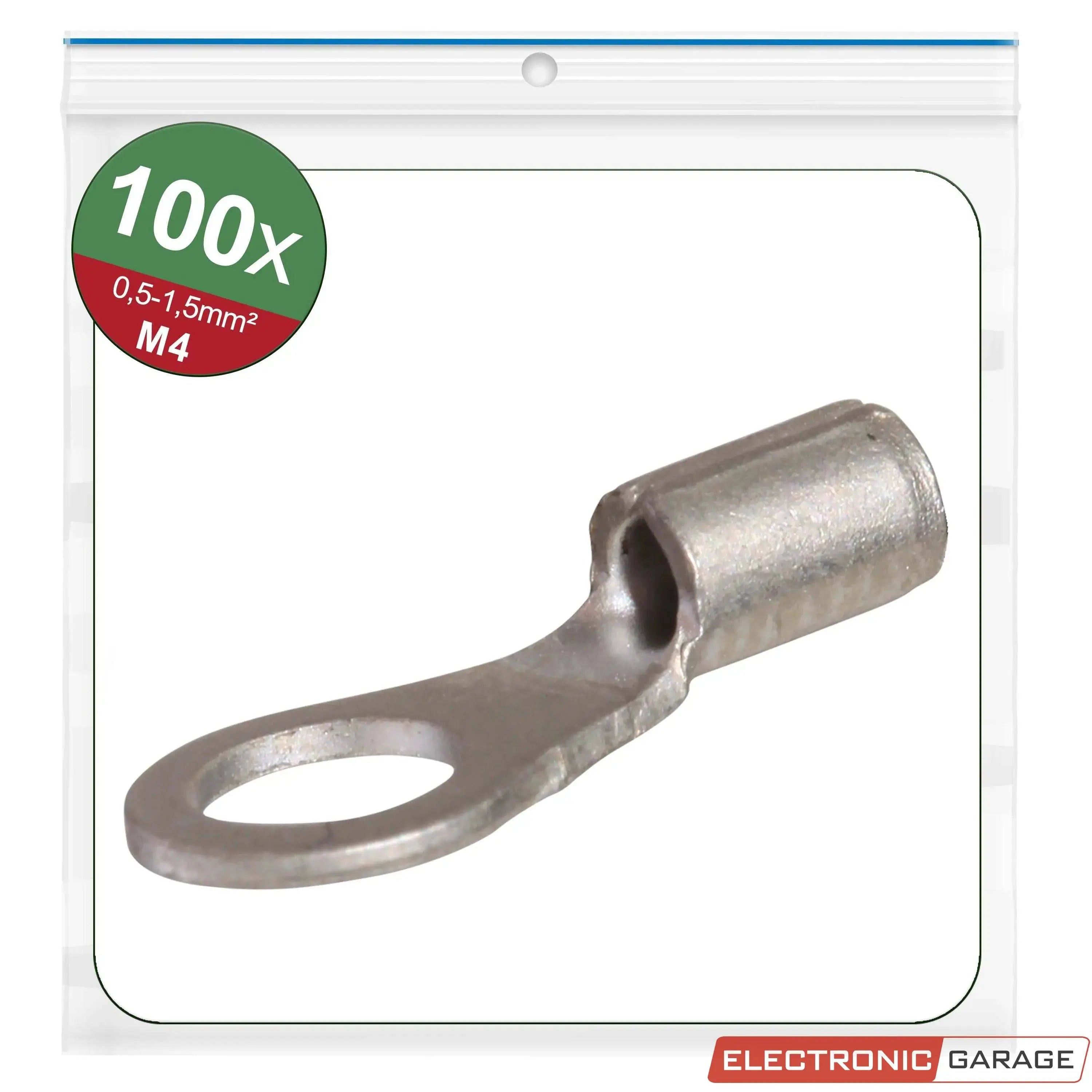 Ringkabelschuhe, unisoliert | Gewindemaß: M4 | Loch-Ø: 4,3 mm | Kabelquerschnitt: 0,5 - 1,5 mm² | 100 St. - Electronic Garage