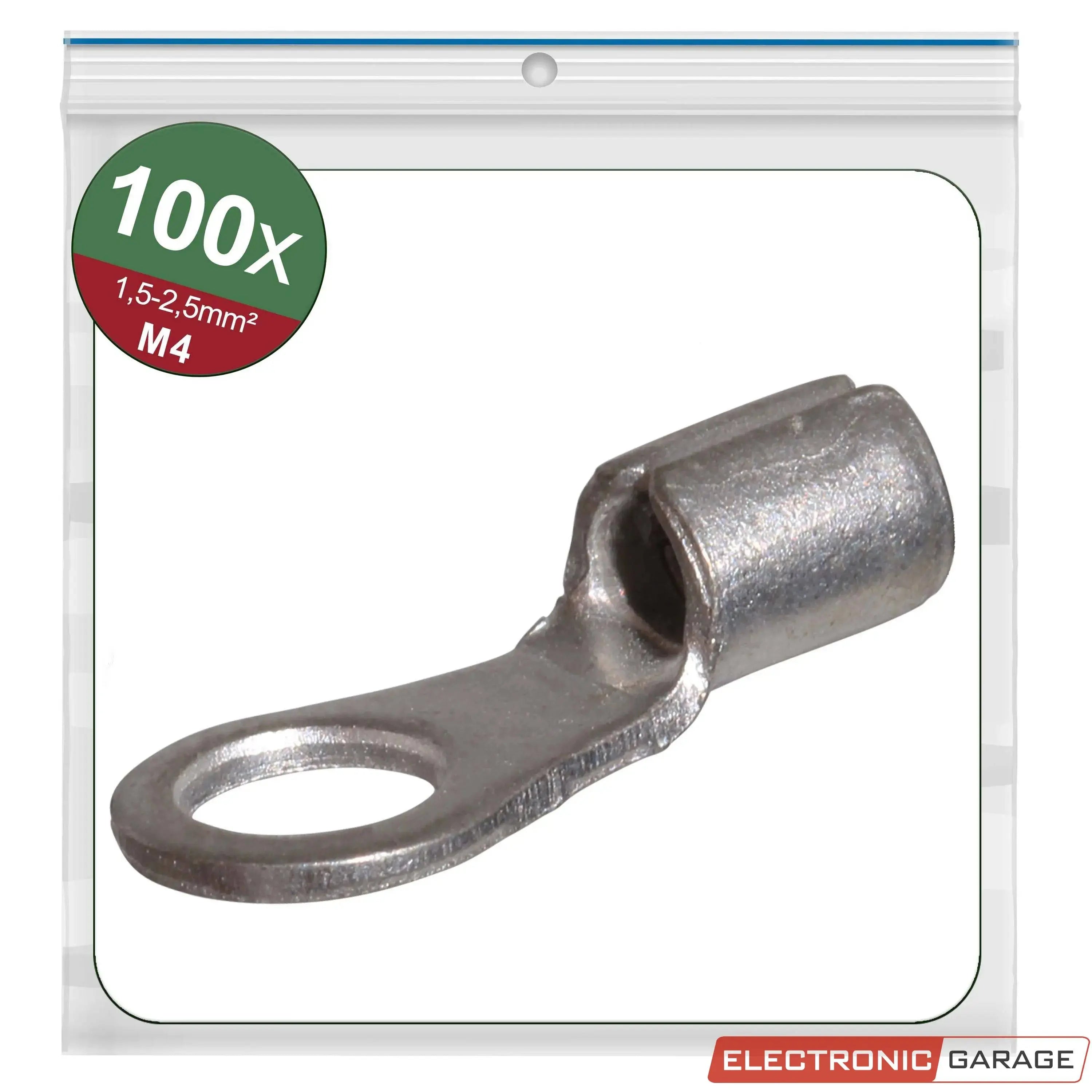Ringkabelschuhe, unisoliert | Gewindemaß: M4 | Loch-Ø: 4,3 mm | Kabelquerschnitt: 1,5 - 2,5 mm² | 100 St. - Electronic Garage