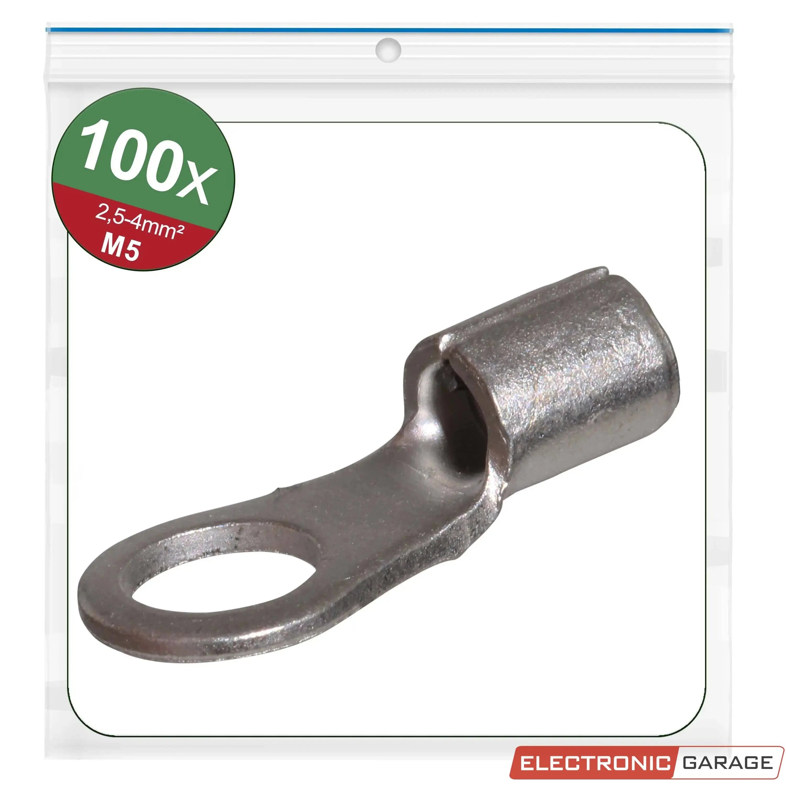 Ringkabelschuhe, unisoliert | Gewindemaß: M5 | Loch-Ø: 5,3 mm | Kabelquerschnitt: 2,5 - 4 mm² | 100 St. - Electronic Garage