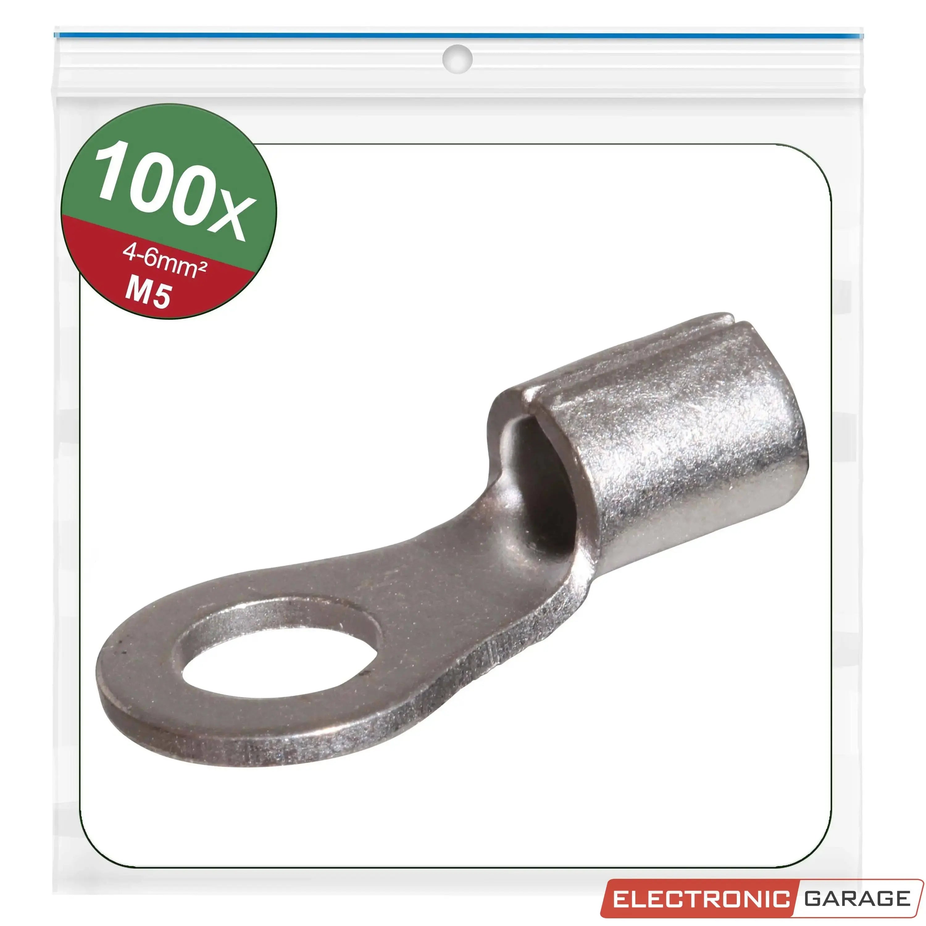 Ringkabelschuhe, unisoliert | Gewindemaß: M5 | Loch-Ø: 5,3 mm | Kabelquerschnitt: 4 - 6 mm² | 100 St. - Electronic Garage