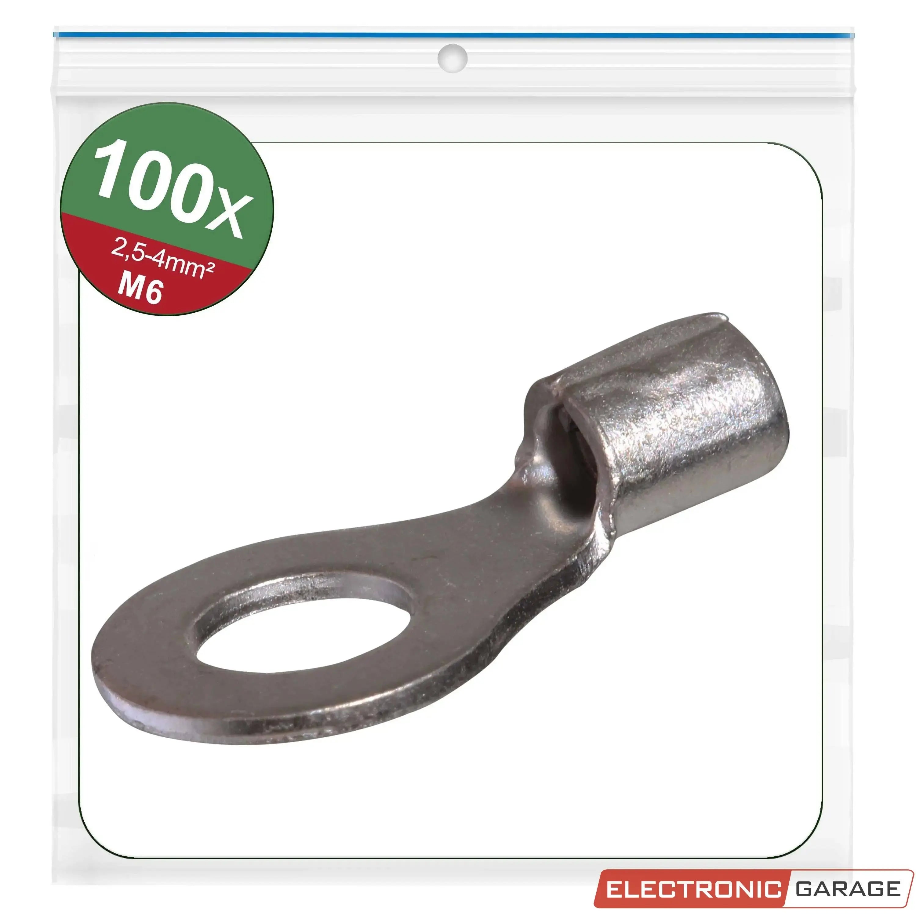 Ringkabelschuhe, unisoliert | Gewindemaß: M6 | Loch-Ø: 6,5 mm | Kabelquerschnitt: 2,5 - 4 mm² | 100 St. - Electronic Garage