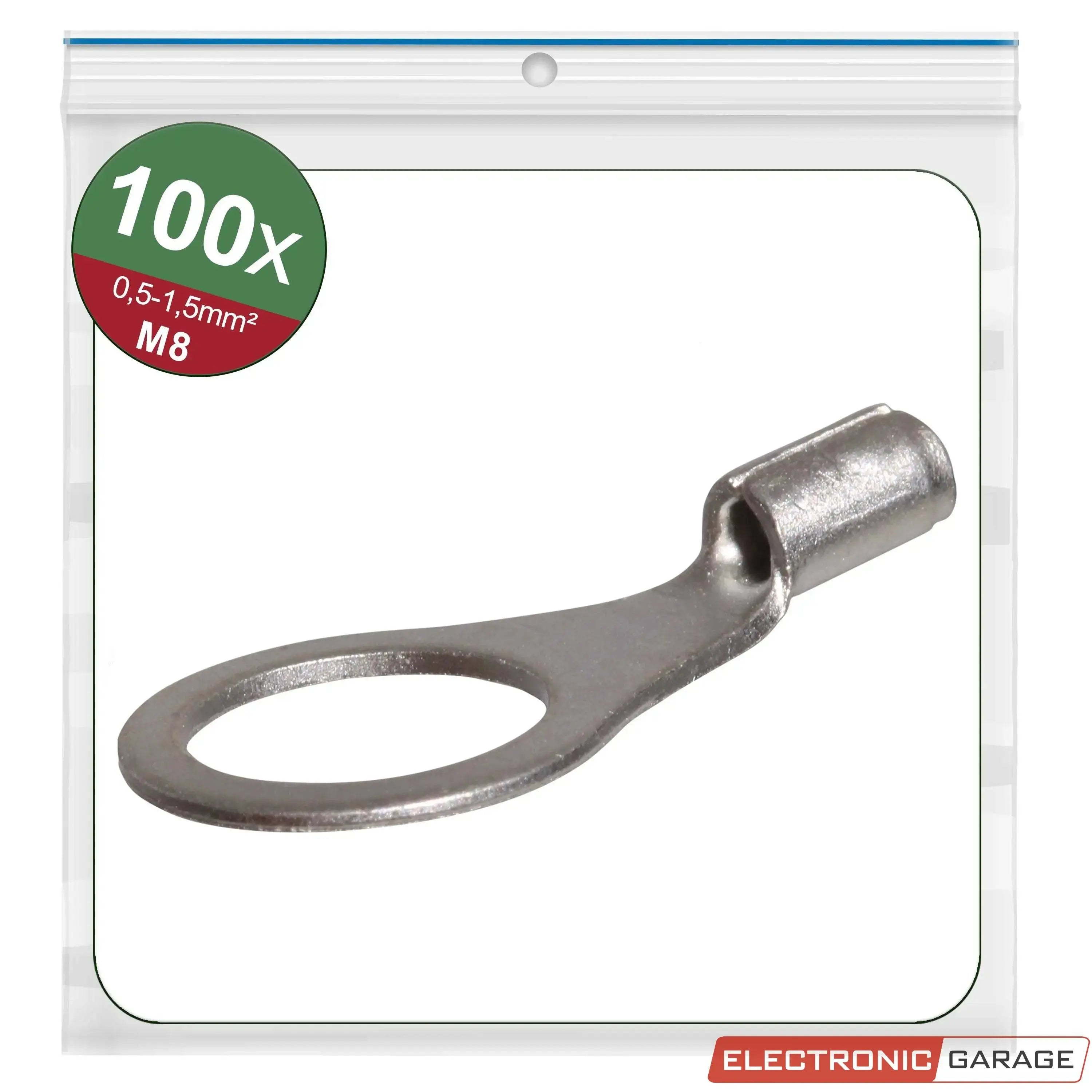 Ringkabelschuhe, unisoliert | Gewindemaß: M8 | Loch-Ø: 8,5 mm | Kabelquerschnitt: 0,5 - 1,5 mm² | 100 St. - Electronic Garage