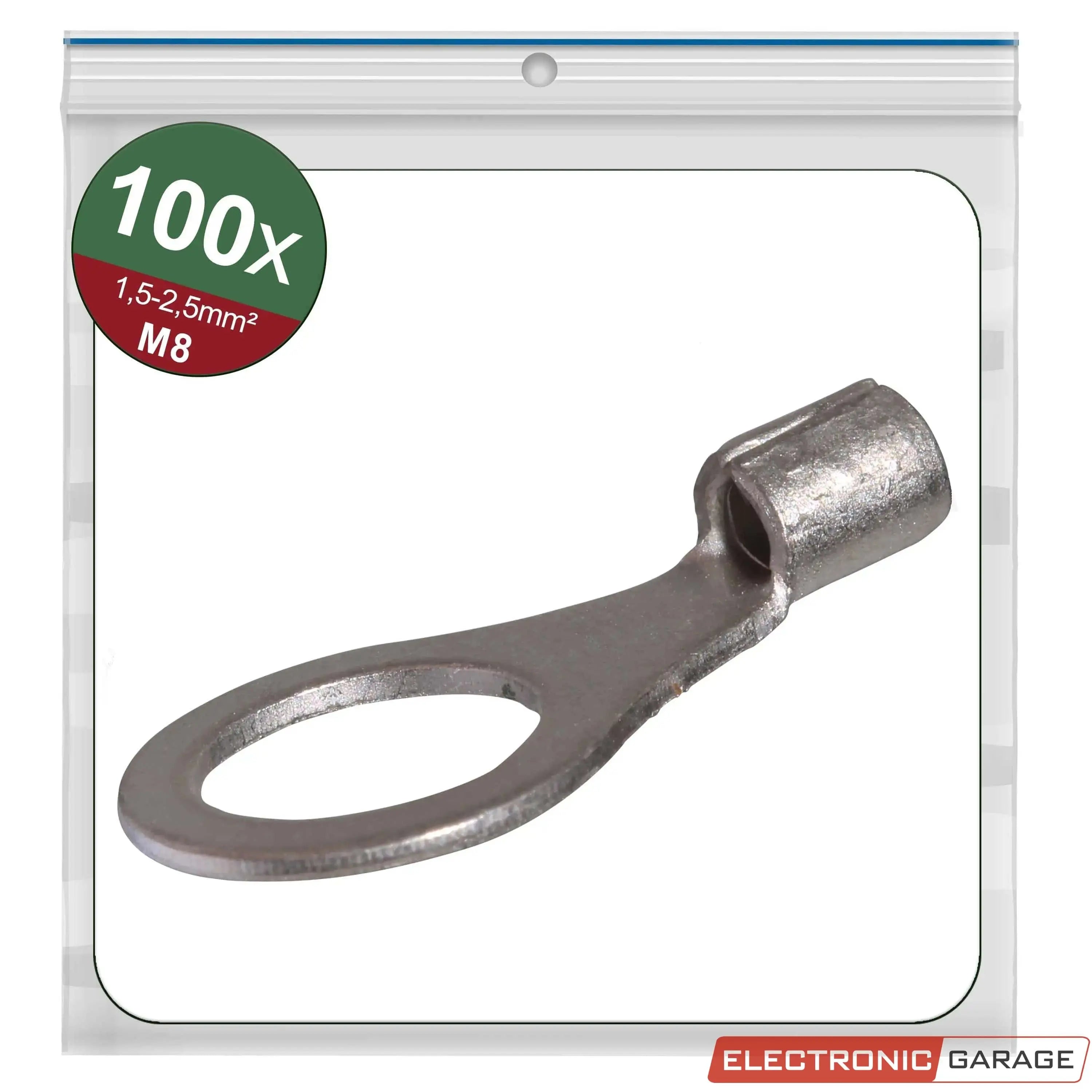 Ringkabelschuhe, unisoliert | Gewindemaß: M8 | Loch-Ø: 8,5 mm | Kabelquerschnitt: 1,5 - 2,5 mm² | 100 St. - Electronic Garage