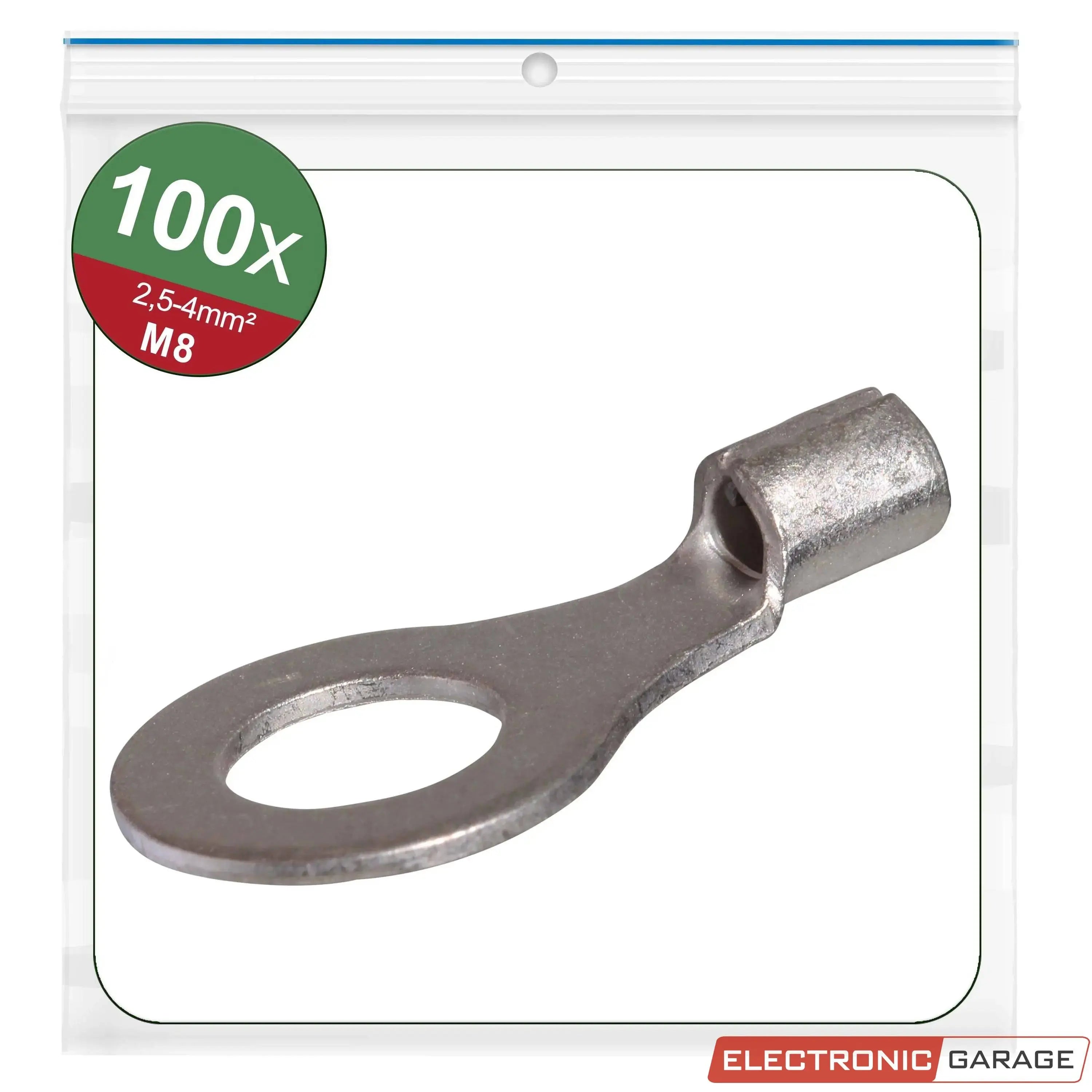 Ringkabelschuhe, unisoliert | Gewindemaß: M8 | Loch-Ø: 8,5 mm | Kabelquerschnitt: 2,5 - 4 mm² | 100 St. - Electronic Garage