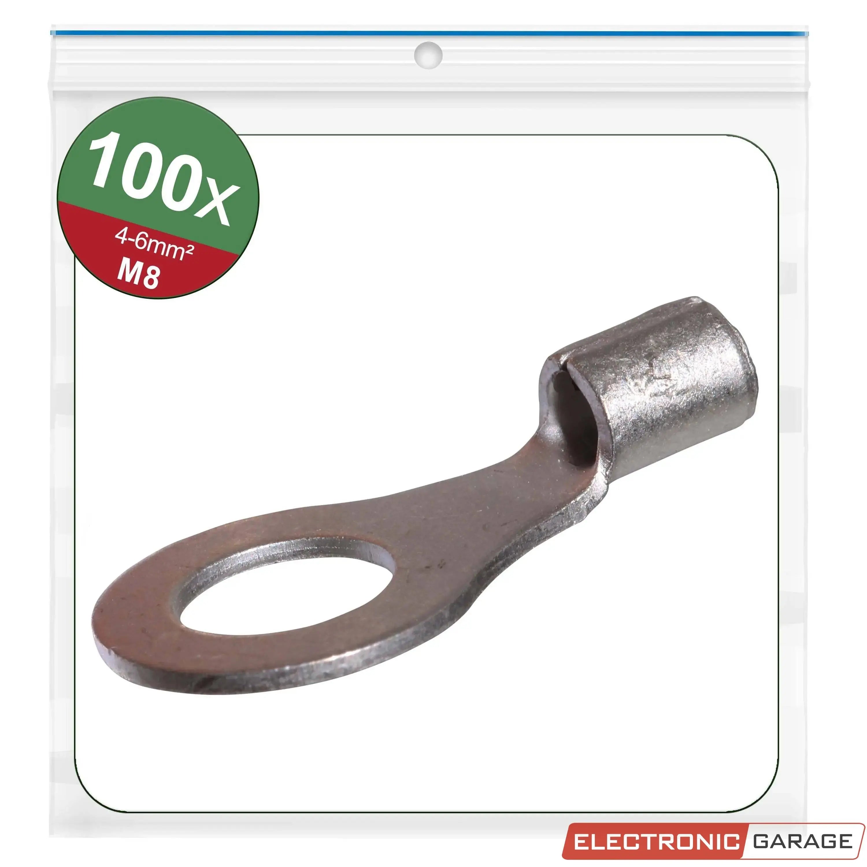 Ringkabelschuhe, unisoliert | Gewindemaß: M8 | Loch-Ø: 8,5 mm | Kabelquerschnitt: 4 - 6 mm² | 100 St. - Electronic Garage