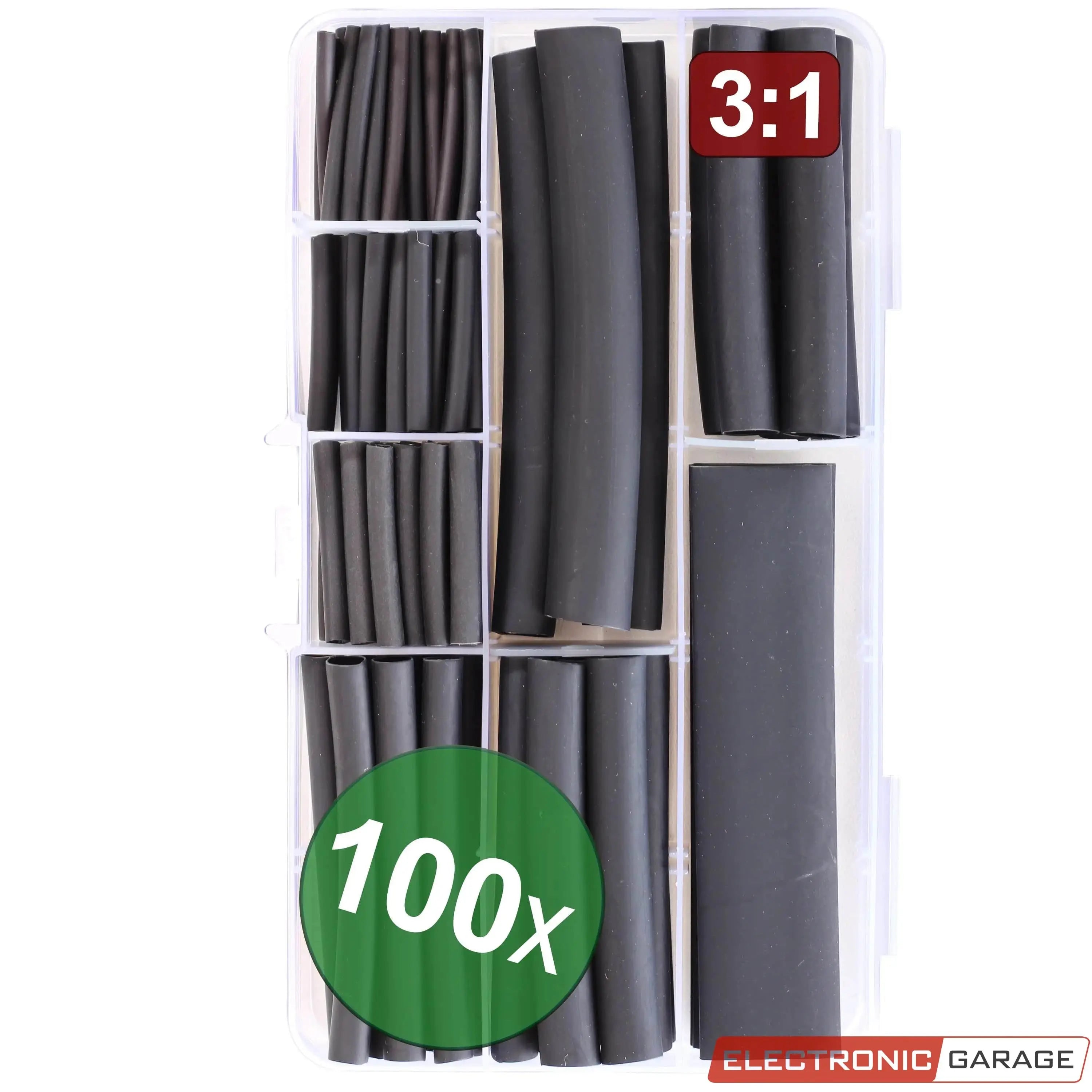 Schrumpfschlauch-Set | ⌀ 1,6 - 12,7 mm | Schwarz | Schrumpfrate 3:1 mit Kleber  | Sortiments-Box | 100 St. - Electronic Garage